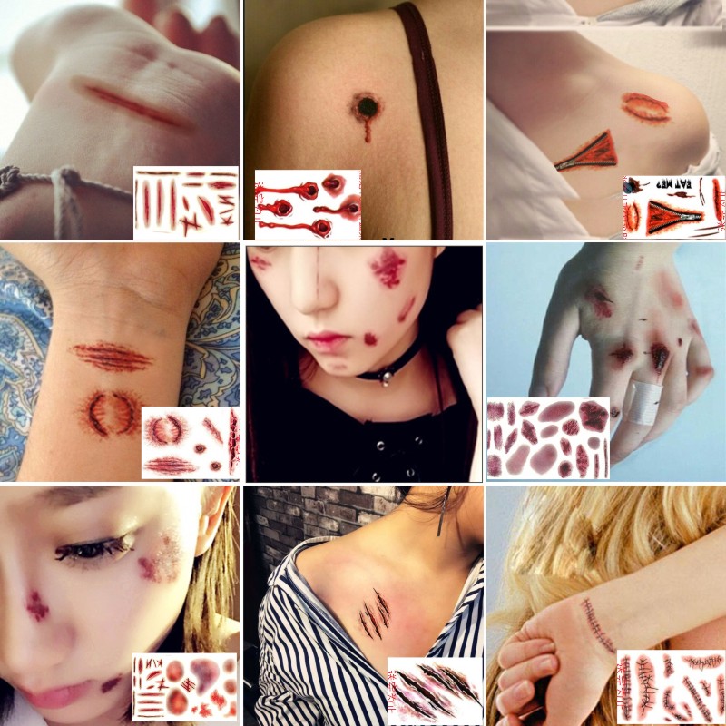 恶作剧万圣节纹身贴仿真假伤口伤疤整蛊刀疤纹身贴流血僵尸缝针