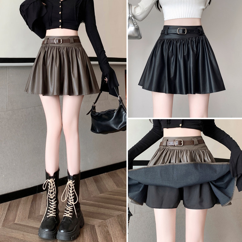 实拍时尚pu皮百褶短裙女半身裙子秋冬超短美式a字迷你裙辣妹皮裙