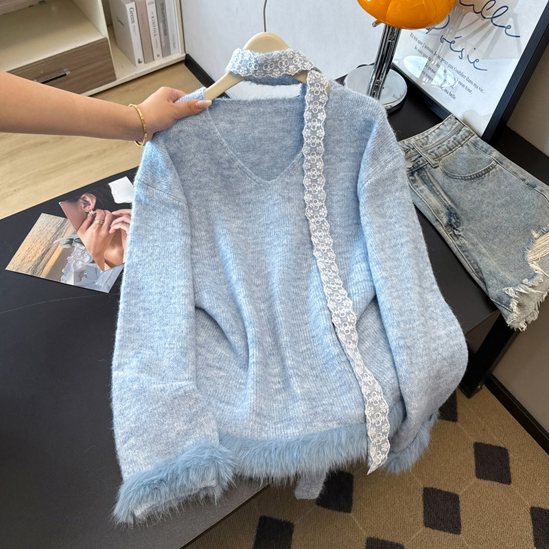 实拍大码绝美超好看洋气V领带飘带毛毛拼接针织显瘦温柔软糯毛衣,女装/女士精品,大码内搭,淘宝优惠券,粉丝福利购,淘宝优惠卷