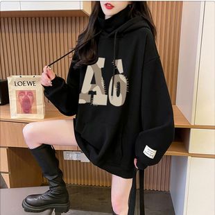 加绒高领连帽卫衣女 全件压线 仿华棉复220克超柔 后包领