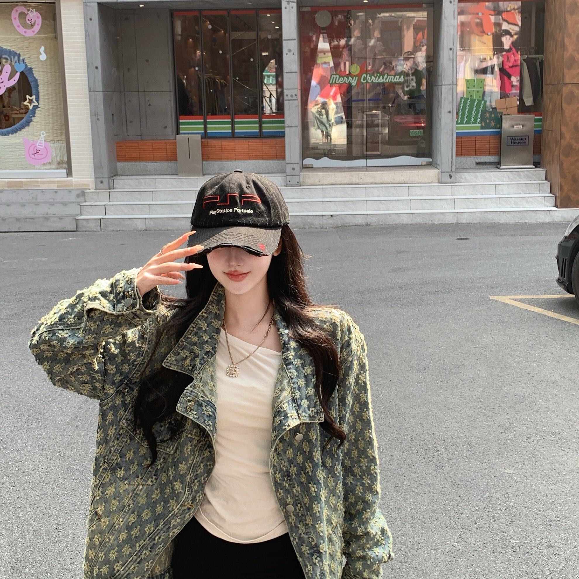 实拍实价 美式宽松提花复古牛仔外套女休闲工装外套