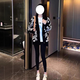 慵懒风时尚中长款针织衫女秋冬季毛衣开衫外套黑色长袖上衣外套潮