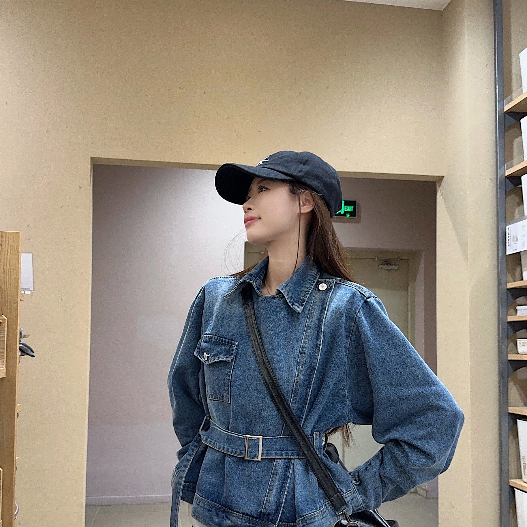 实拍实价 复古短款工装牛仔外套爆款系带收腰翻领小个子夹克上衣