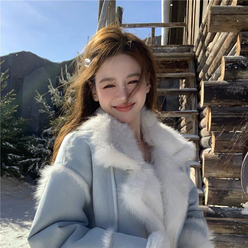 实价实拍~冬季麂皮绒毛毛短款外套加绒加厚仿皮毛一体羊羔毛棉服