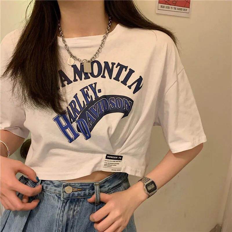 古着感少女小个子不对称T恤女短袖2025春季高腰露脐短款上衣ins潮