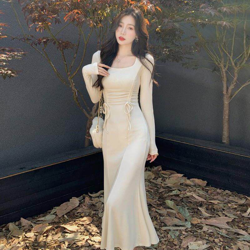 纯欲方领鱼尾连衣裙女春秋冬季打底包臀裙收腰修身长裙子大衣内搭