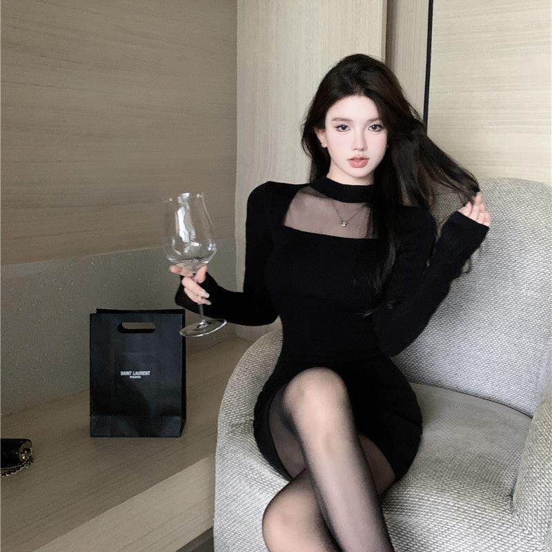 纯欲性感黑色连衣裙春装女2025年新款修身内搭打底辣妹包臀短裙子