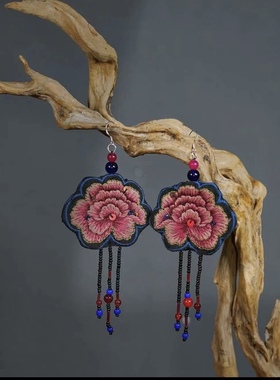 楚馨特优美刺绣流苏串珠耳环耳饰手工民族风气质个性耳环耳坠