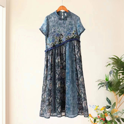 楚馨千椿物喜原创小碎花新中式国风文艺复古刺绣蓝色短袖连衣裙