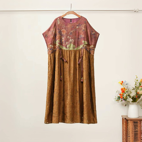 桔红连衣裙袍子原创设计国风民族风刺绣气质圆领无袖背心裙连衣裙