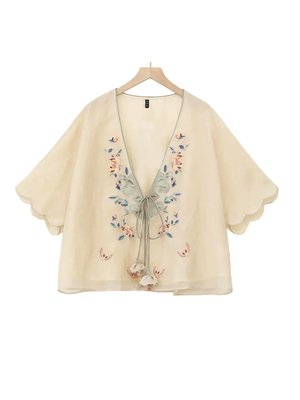 2025千椿物禧原创春季新款新中式国风杏色开衫刺绣六分袖宽松衬衫