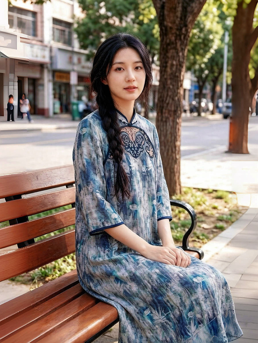 千椿物喜连衣裙女2026夏装新款新中式国风七分袖立领复古刺绣长裙