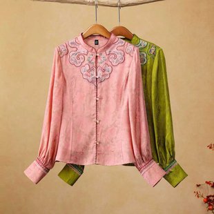 千椿物喜2025早秋新中式国风文艺复古重工刺绣螺钿工艺衬衫衬衣