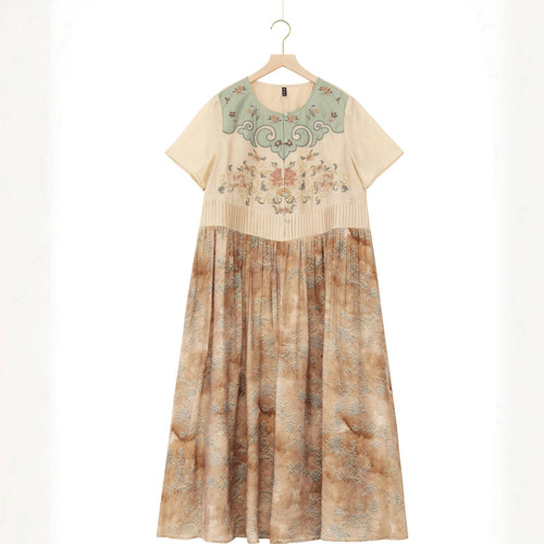 楚馨原创设计清新文艺复古民族风提花刺绣中式圆领盘扣短袖连衣裙