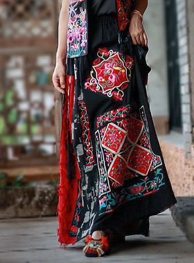 原创高定2025民族风棉麻拼接重工老绣半身裙松紧腰复古长款高腰裙