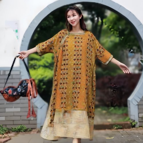 千椿物喜丝麻连衣裙女夏季新款宽松显瘦七分袖印花气质休闲长裙