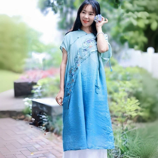 重工刺绣日常渐变连衣裙女夏新中式改良民族风宽松文艺袍子苎麻裙