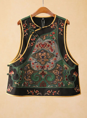 春秋原创设计民族风刺绣短款盘扣马夹无袖坎肩外套马甲中式上衣