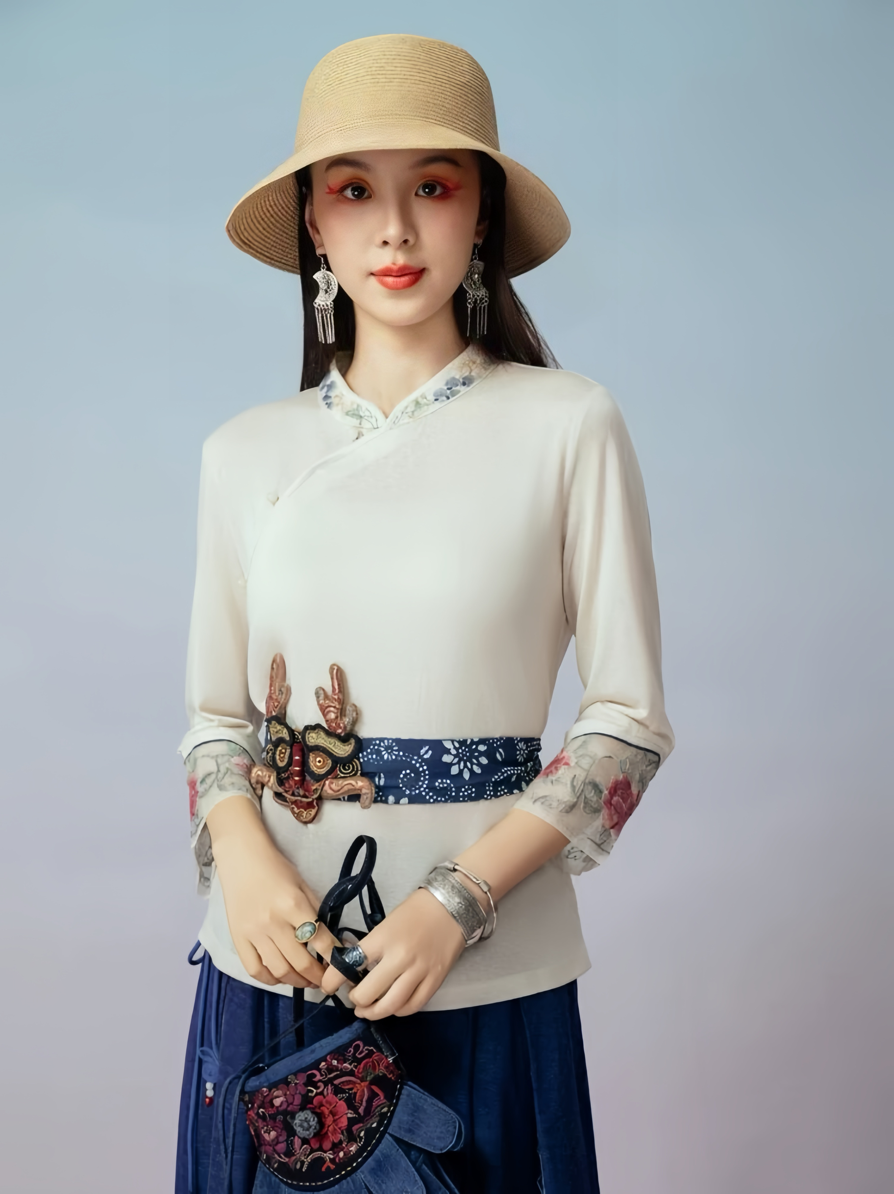 千椿物喜原创民族风新中式国风复古文艺刺绣宽松上衣女春夏T恤