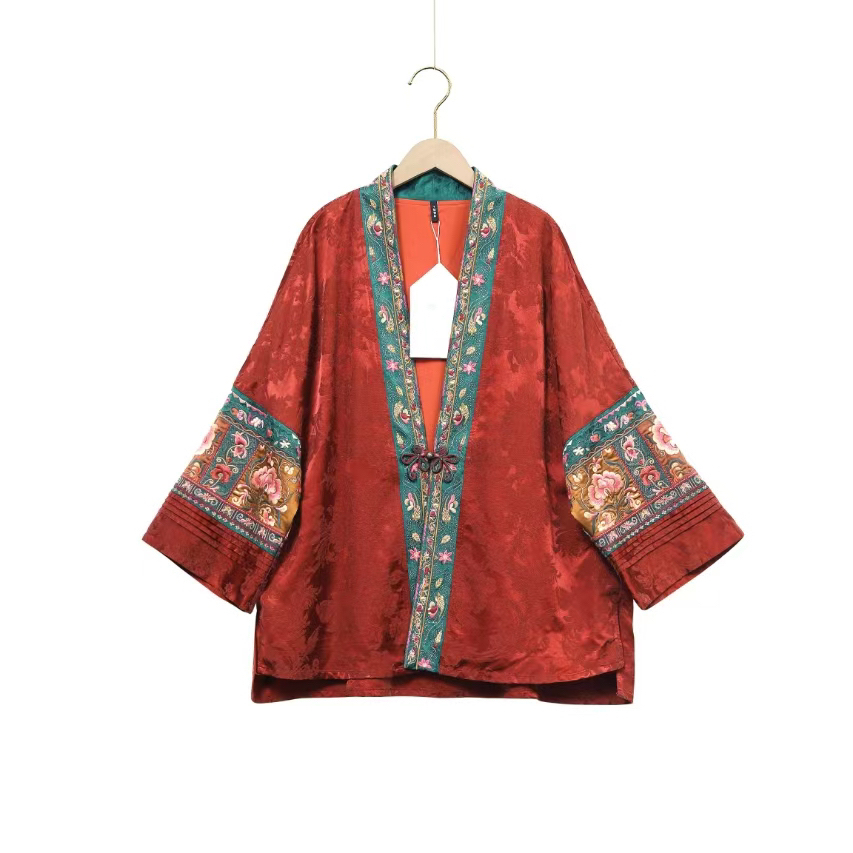 楚馨新中式盘扣红色开衫外套女2025春秋新款高端提花国风气质上衣