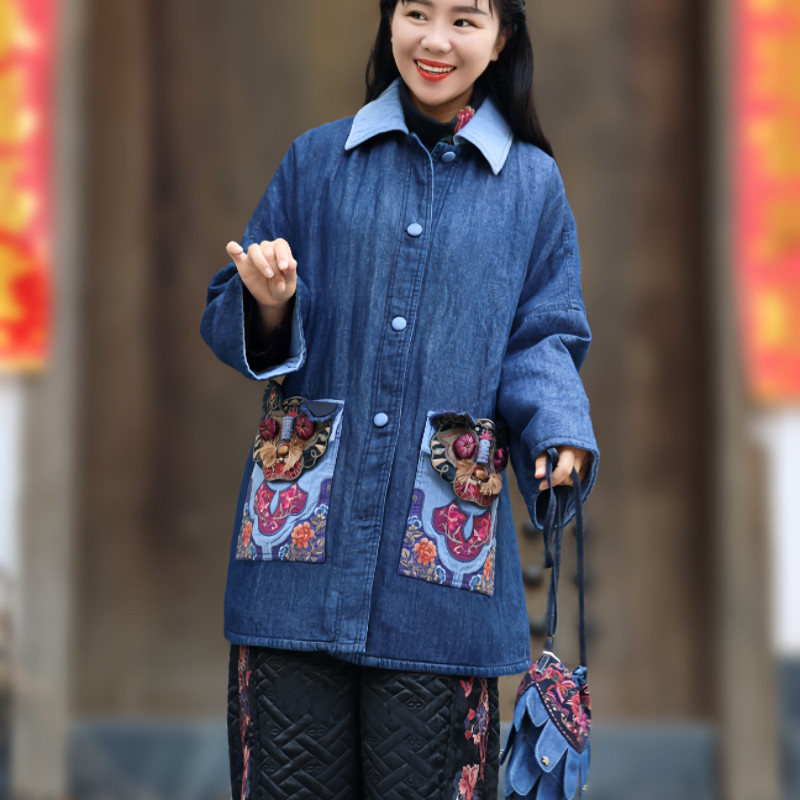 楚馨原创秋冬新款民族风复古刺绣棉服外套女宽松加厚保暖棉衣棉袄