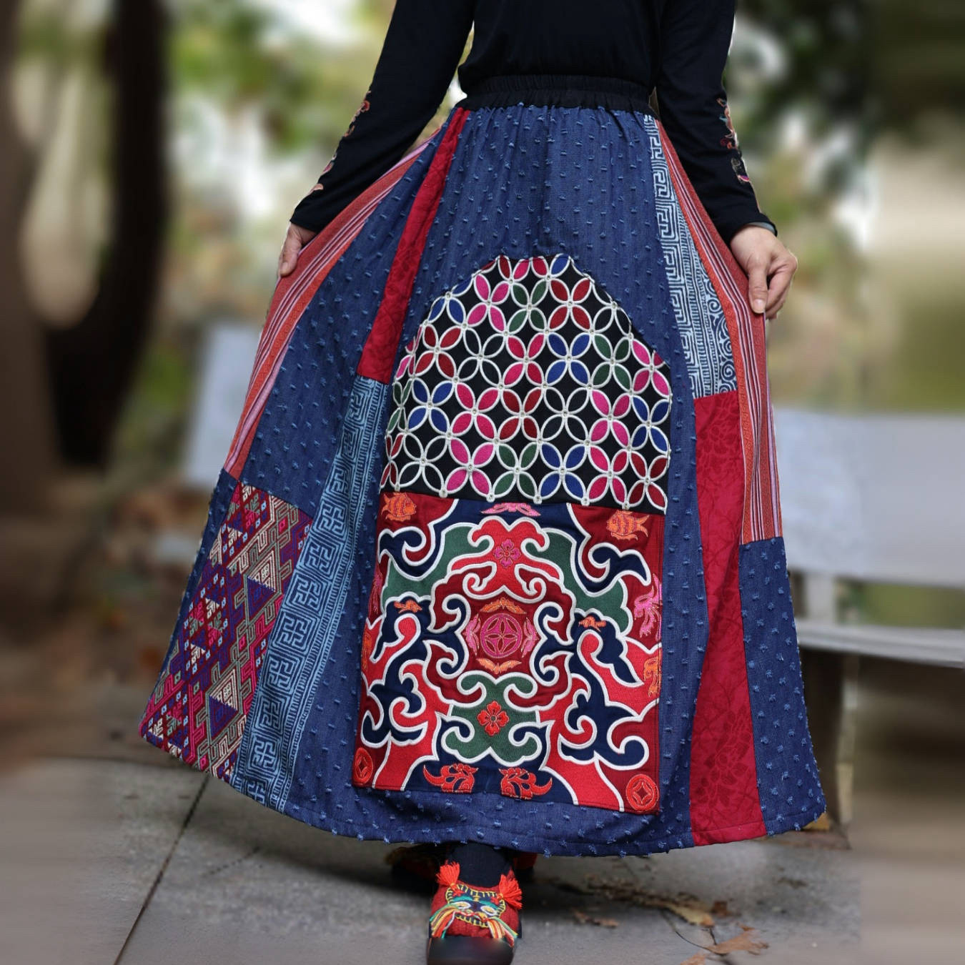 春秋原创设计民族风手工重工刺绣仿老绣拼接半身裙女装红色绣花裙,女装/女士精品,半身裙,淘宝优惠券,粉丝福利购,淘宝优惠卷