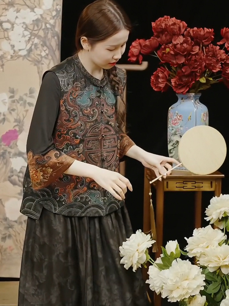 【倚栏】楚馨原创刺绣中式文艺复古民族风提花天丝棉无袖背心马夹