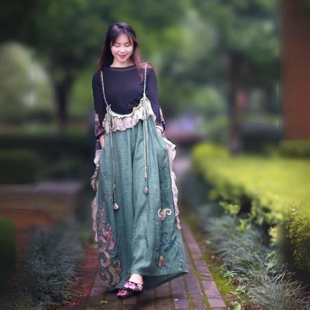 千椿物喜原创设计国风重工刺绣气质宽松吊带连体裤裙女夏小众设计