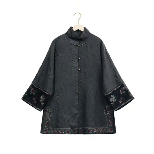 千椿物喜原创新中式国风提花刺绣设计感衬衫立领对襟百搭上衣女