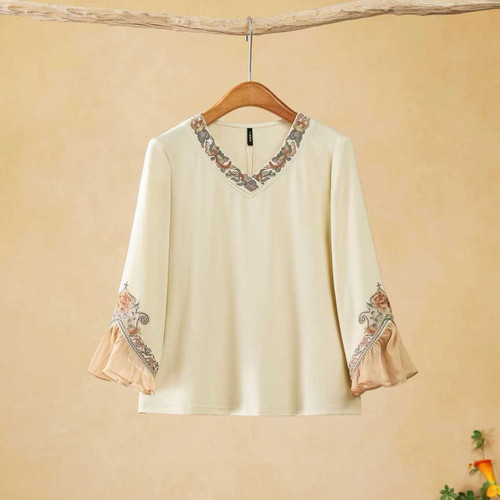 喇叭袖刺绣T恤女千椿物喜2026春夏新款七分袖民族风打底衫上衣