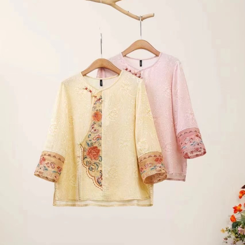 千椿物喜原创民族风新中式国风复古提花人丝天丝刺绣七分袖上衣女