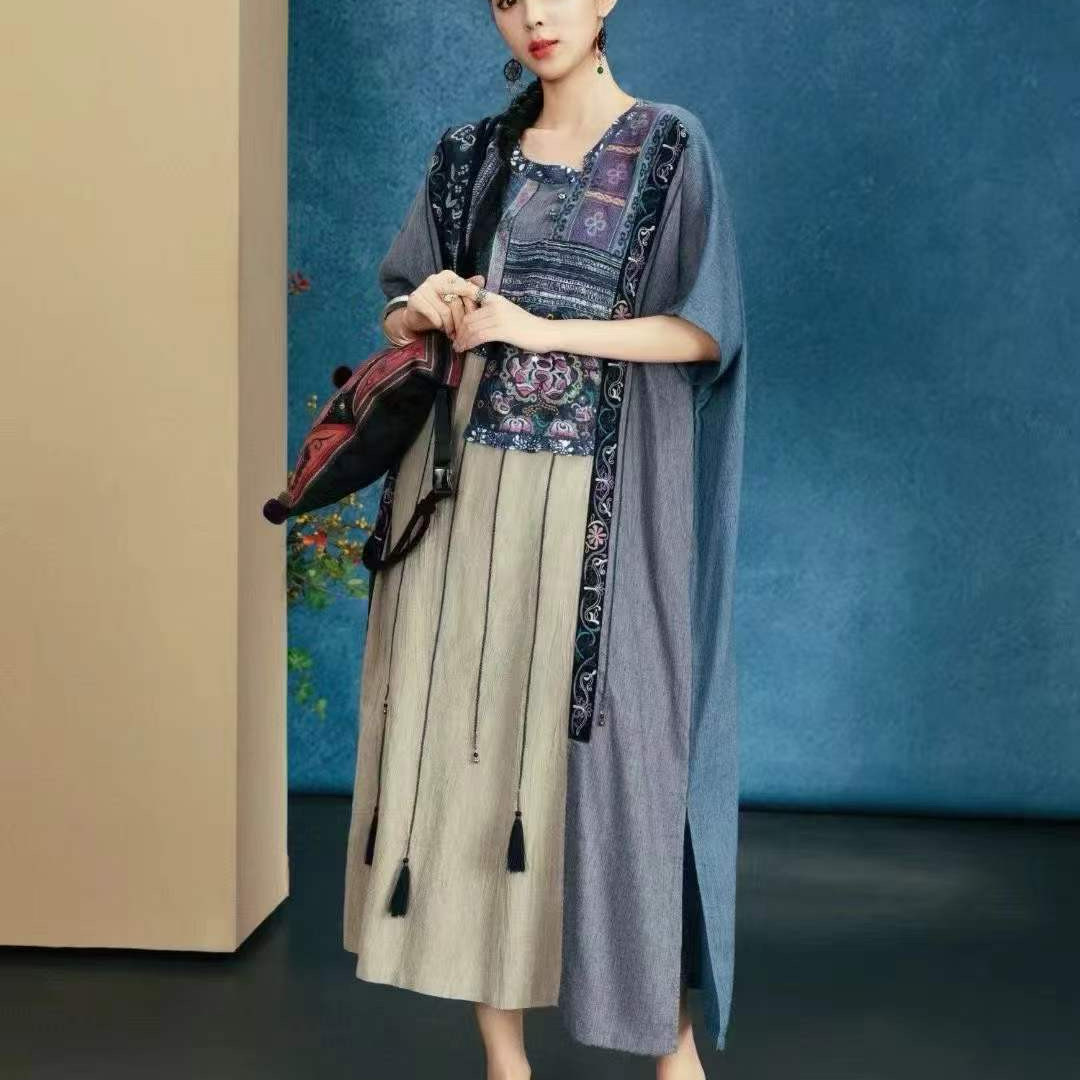 楚馨亚麻袍子民族风刺绣女夏季田园复古宽松显瘦百搭藏肉连衣裙