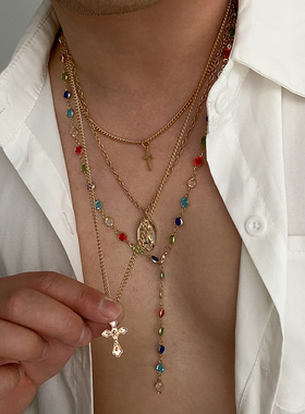 欧美精品饰品 男式十字架吊坠水晶链套装项链 个性小众风新款配饰