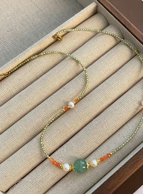 淡青绿锆石淡水真珍珠转运珠吊坠项链百搭小众INS颈链锁骨链