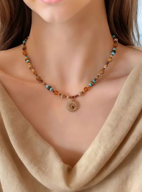 钛钢天然石米珠太阳花串珠项链新中式复古锁骨链轻奢感项饰女