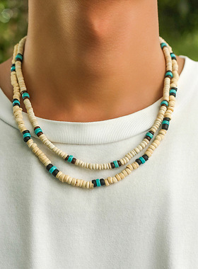 欧美波西风松石木珠拼接男士项链嘻哈小众高级感简约百搭饰品