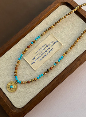 图画石绿松石串珠项链宇宙行星古法金属镶嵌绿松吊坠锁骨链女手工