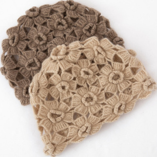 手工钩花镂空针织帽子女100%纯山羊绒显脸小包头帽百搭堆堆帽潮