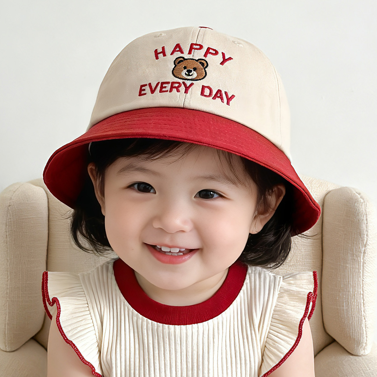 韩版撞色小熊渔夫帽婴幼儿童宝宝防晒遮阳帽男女童卡通盆帽太阳帽