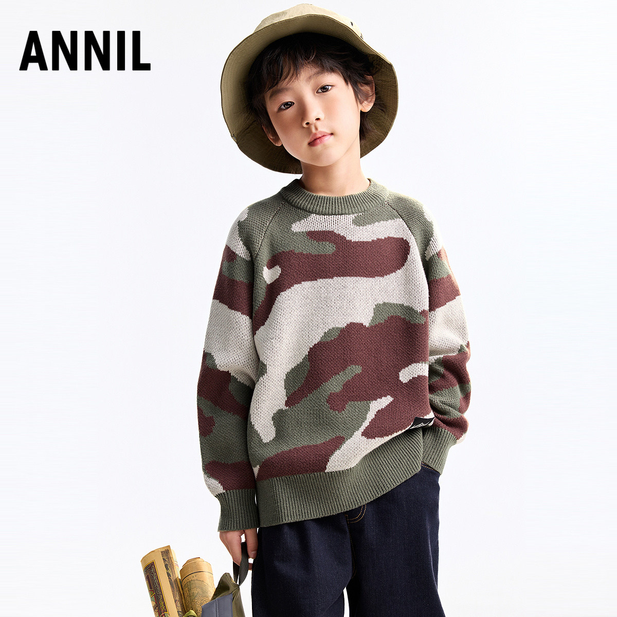 安奈儿童装男童迷彩毛衣2025冬新款儿童套头休闲毛衫针织衫上衣潮
