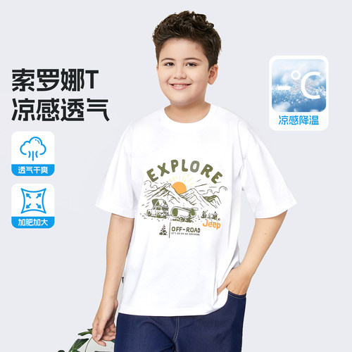 胖男童百搭休闲短袖T恤白色圆领印花上衣夏季凉感加肥加大短衫潮