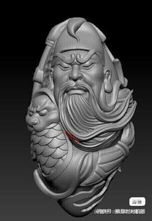 Stl龙鱼关公圆雕图武财神关二爷精雕图关公核雕挂件浮雕图3D图纸