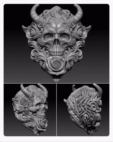 Stl新款风花骷髅头圆雕图精雕图牛头兽三维立体图3d雕刻浮雕图s纸