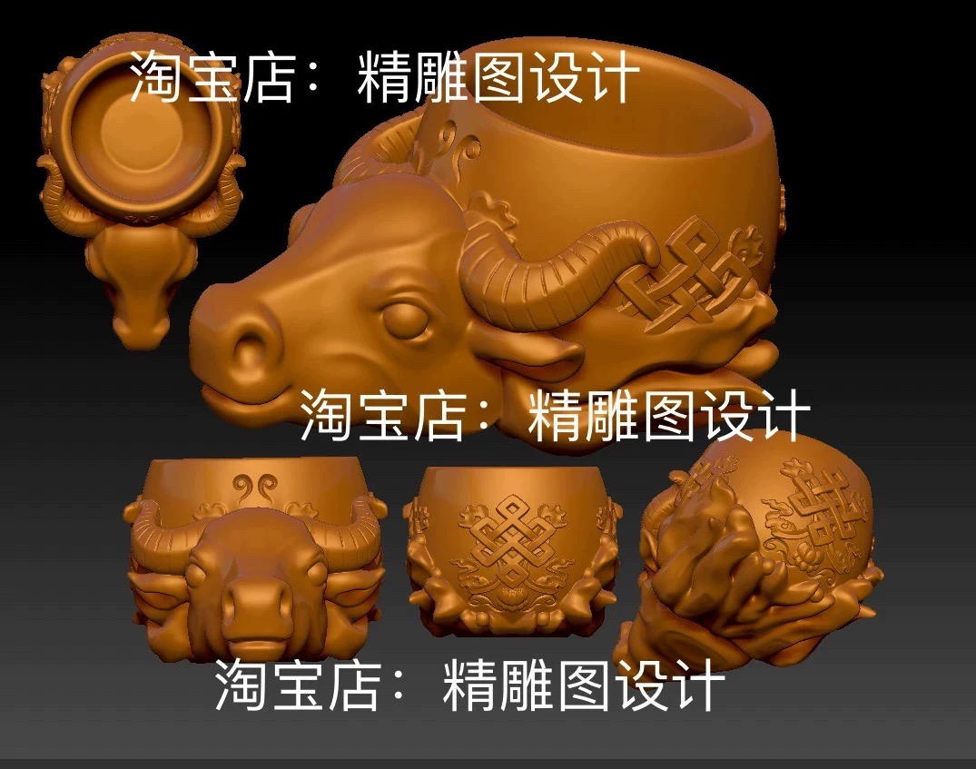 Stl独家新款牛头杯子圆雕图十二生肖牛摆件精雕图3D牛浮雕图纸