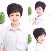 假发女短发短卷发假发套中老年真发女全头套斜刘海真人发丝