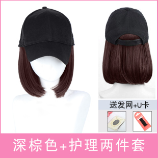 夏秋季一体式戴帽子的假发女一体全头自带逼真连体成人短假发青春