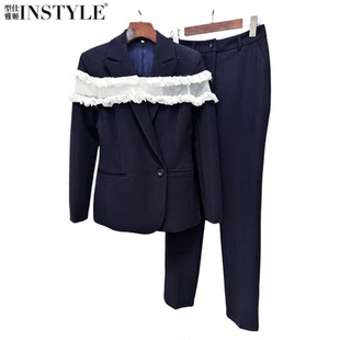 现货2026春季明星款藏青拼白色木耳边透视网纱西装套装长裤两件套