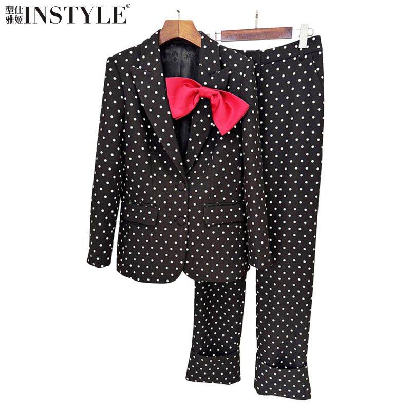 现货2026新款法式设计蝴蝶结波点圆点亚麻西装套装修身长裤两件套
