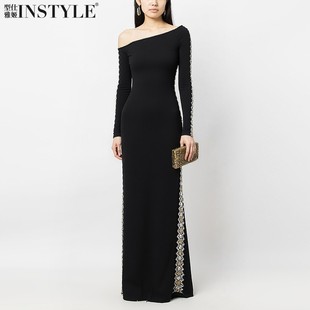 现货明星同款宴会礼服2025新款重工钉珠镶钻一字肩加长裙连衣裙女