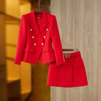 现货2024欧美职业双排扣修身西装短外套红色系腰带A字半裙OL套装